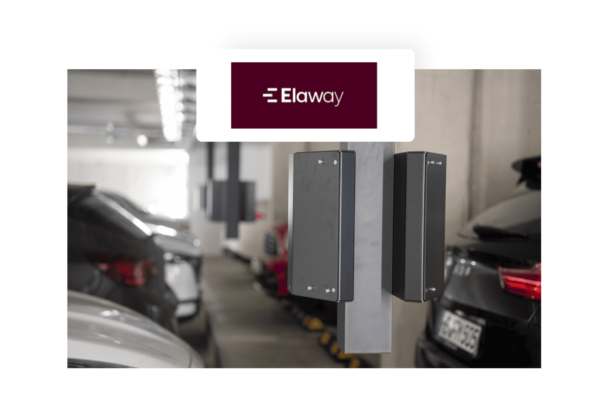 Elaway-Logo über einem Foto von Ladeinfrastruktur in einer Tiefgarage, mit schwarzen Schutzgehäusen an Stützpfeilern und parkenden Fahrzeugen im Hintergrund.