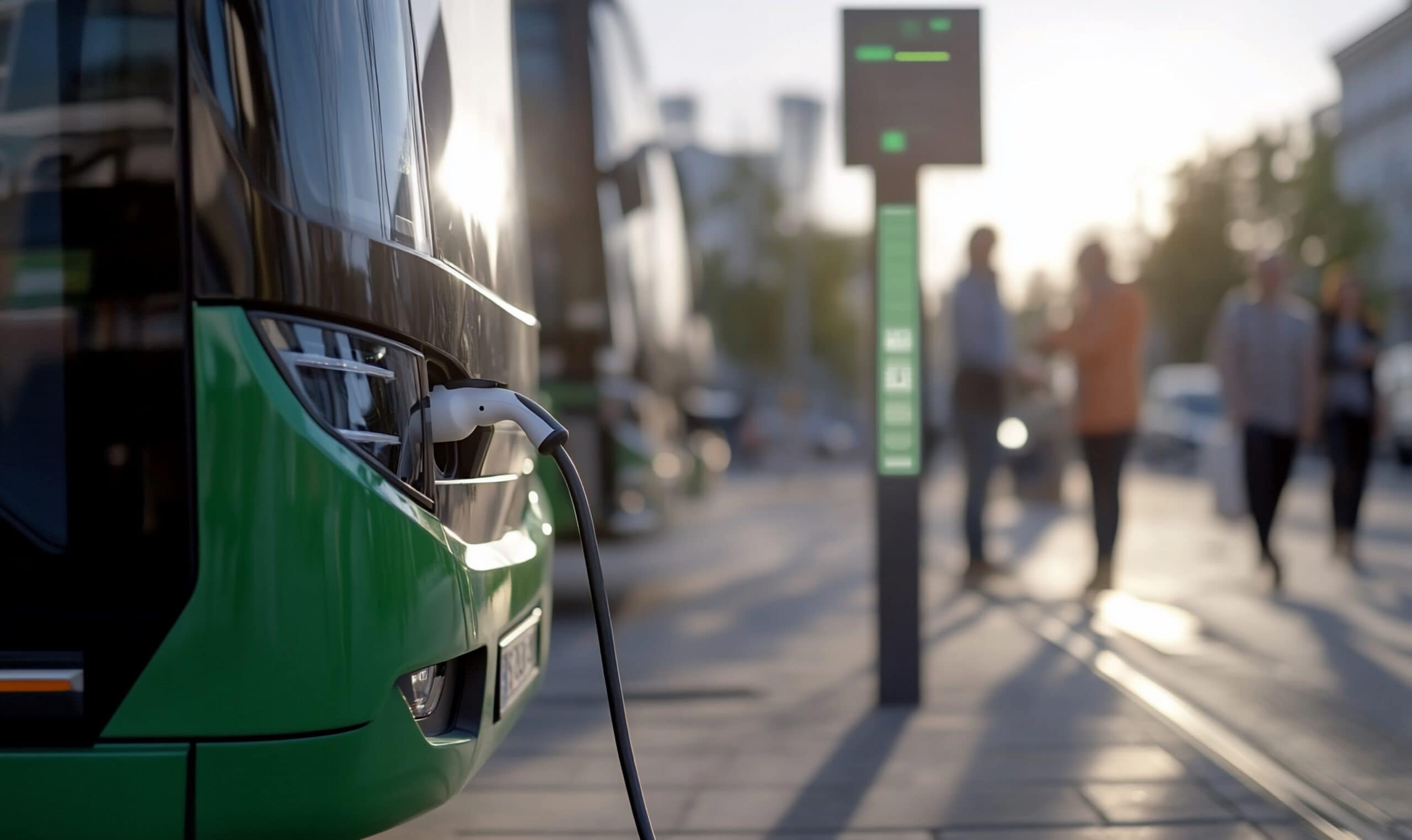 Im Vordergrund ist die Front eines grünen Elektrobusses zu sehen, der über ein Ladekabel mit einer Ladesäule verbunden ist. Das Ladekabel ist an der linken Fahrzeugseite nahe dem Scheinwerfer eingesteckt. Die Ladesäule steht rechts daneben und zeigt grüne Statusanzeigen. Im Hintergrund sind weitere Busse in einer Reihe geparkt sowie vier Personen unscharf erkennbar.
