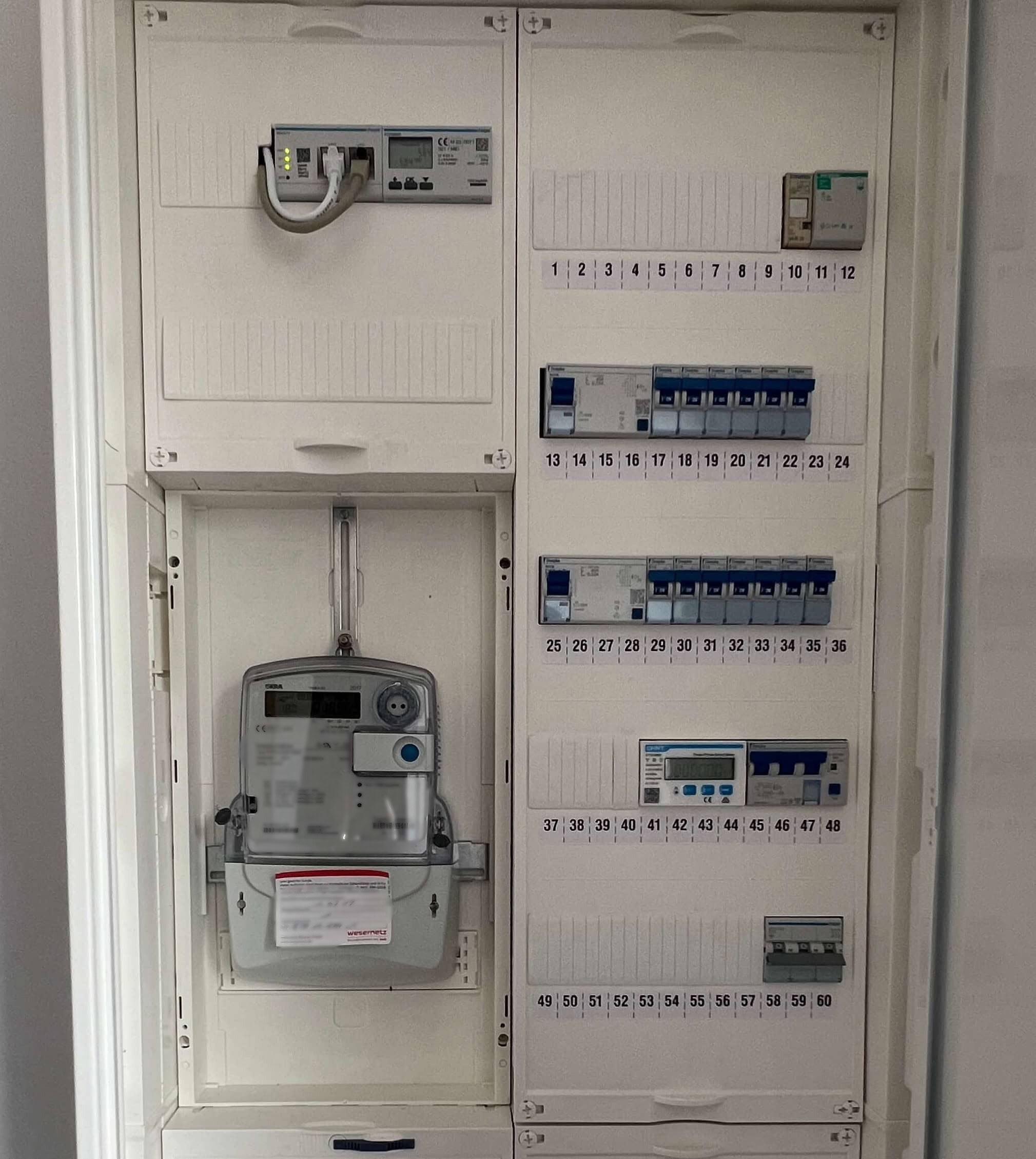 Moderner Schaltschrank mit einem digitalen Stromzähler und zusätzlichen Komponenten für eine Photovoltaikanlage. Oben ist ein Kommunikationsmodul mit Netzwerkanschlüssen installiert. Mehrere Sicherungsautomaten sind in nummerierten Reihen angeordnet. Der Schaltschrank ist weiß und aufgeräumt.